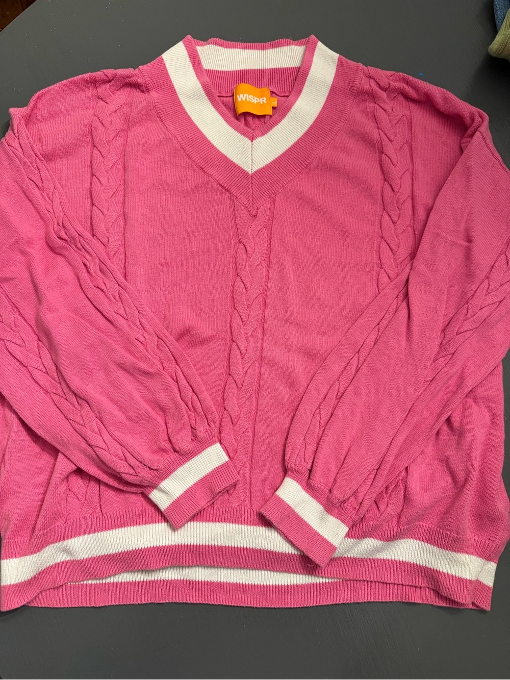 Pink Cable-Knit V-Neck Sweater